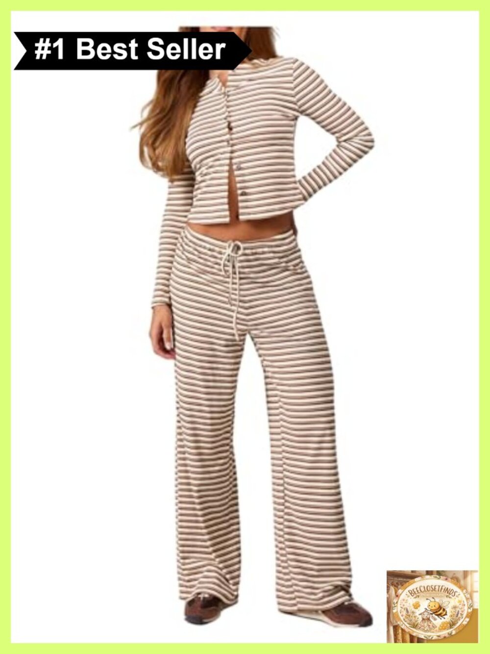 Striped 2 Piece Outfit Button Down Long Sleeve Knit Top Wide Leg Pants Set